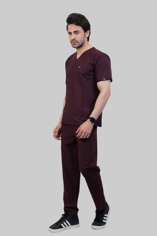 Stretchable (4Way) Male Wine V-Neck With Straight Pant Scrub Set