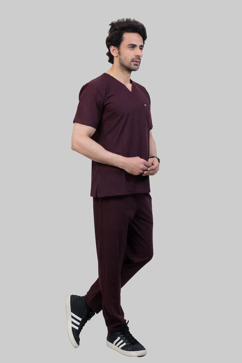 Stretchable (4Way) Male Wine V-Neck With Straight Pant Scrub Set