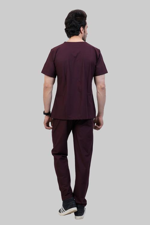 Stretchable (4Way) Male Wine V-Neck With Straight Pant Scrub Set