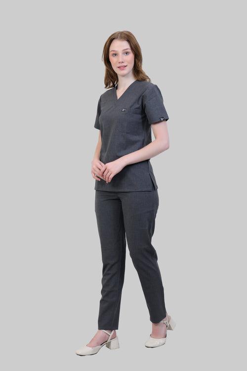 Stretchable (4Way) Female Grey V Neck With Straight Pant Scrub Set