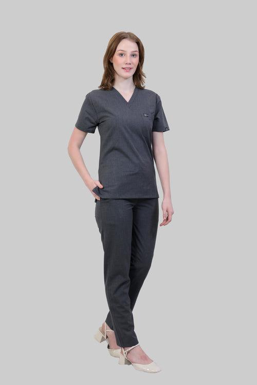 Stretchable (4Way) Female Grey V Neck With Straight Pant Scrub Set