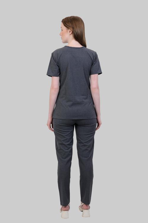 Stretchable (4Way) Female Grey V Neck With Straight Pant Scrub Set