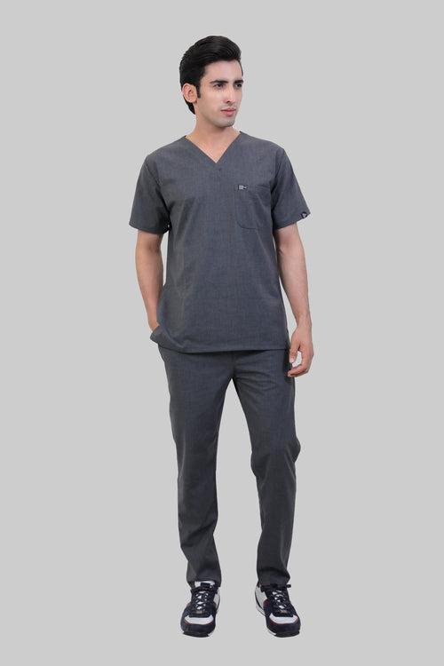 Stretchable (4Way) Male Grey V-Neck With Straight Pant Scrub Set