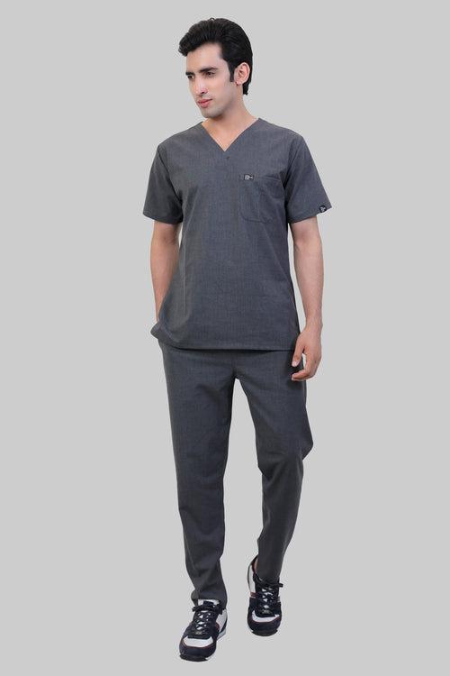 Stretchable (4Way) Male Grey V-Neck With Straight Pant Scrub Set