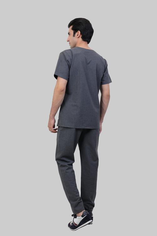 Stretchable (4Way) Male Grey V-Neck With Straight Pant Scrub Set