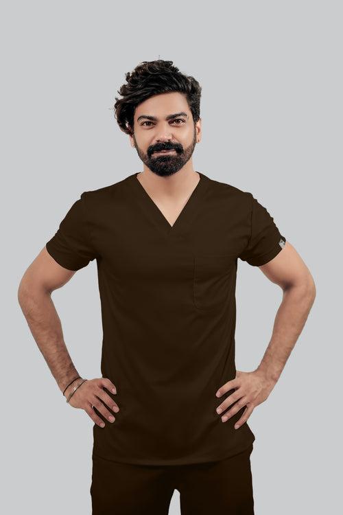 Stretchable (4Way) Male Brown V-Neck With Straight Pant Scrub Set