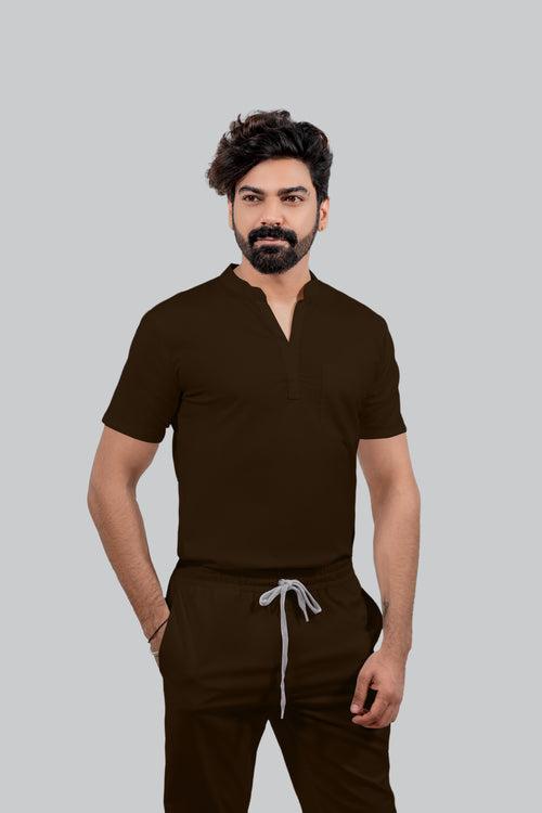 Stretchable (4Way) Male Brown Mandarin Neck with Straight Pant Scrub Set