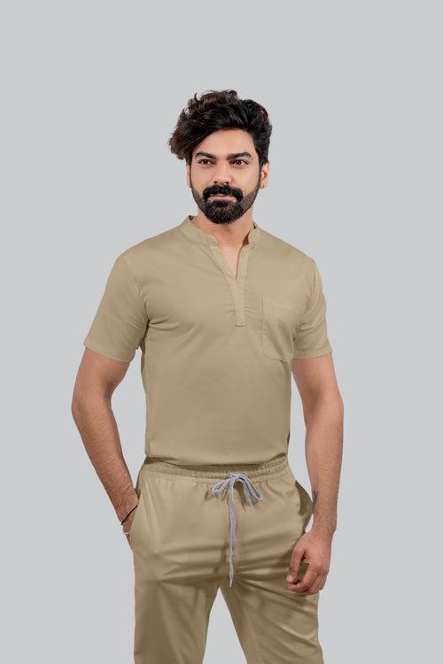 Stretchable (4Way) Male Beige Mandarin Neck with Straight Pant Scrub Set