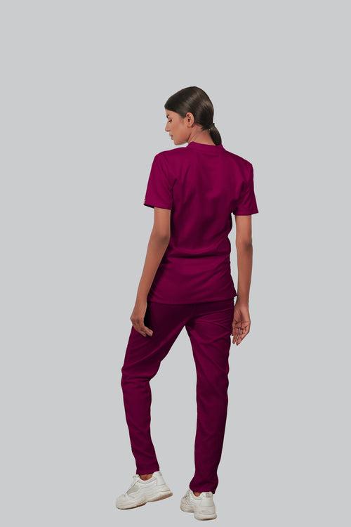 Stretchable (4Way) Female Wine Mandarin Neck With Straight Pant Scrub Set