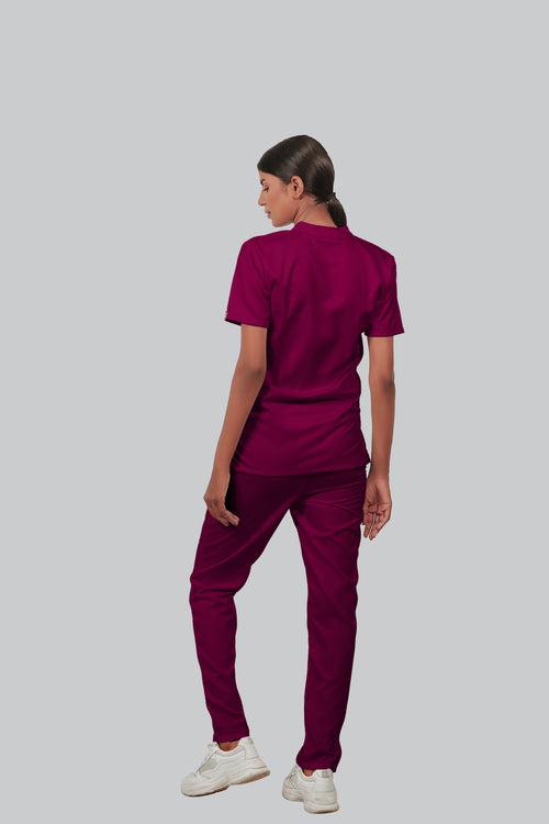 Stretchable (2Way) Female Wine Mandarin Neck With Straight Pant Scrub Set