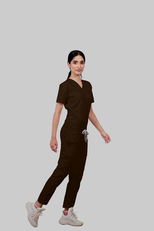 Stretchable (4Way) Female Brown V-Neck With Straight Pant Scrub Set