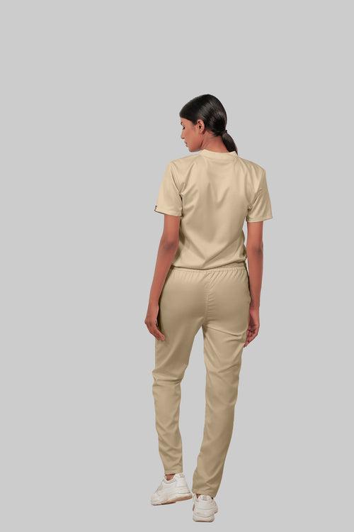 Stretchable (4Way) Female Beige Mandarin Neck With Straight Pant Scrub Set