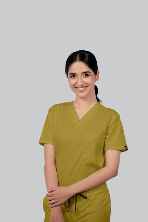 Stretchable (2Way) Female Mustard V-Neck Scrub Top