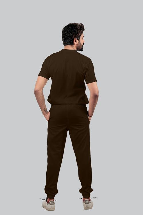 Stretchable (4Way) Male Brown V-Neck With Jogger Scrub Set