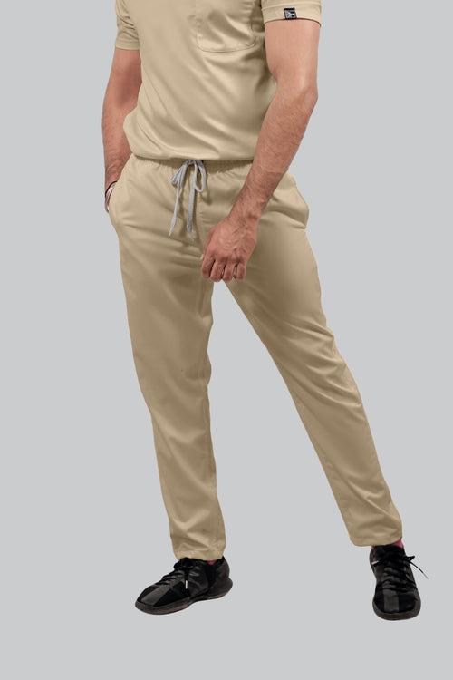 Stretchable (4Way) Male Beige V-Neck With Straight Pant Scrub Set