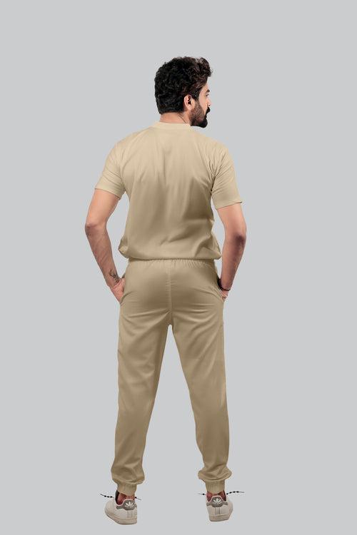 Stretchable (4Way) Male Beige V-Neck With Jogger Scrub Set