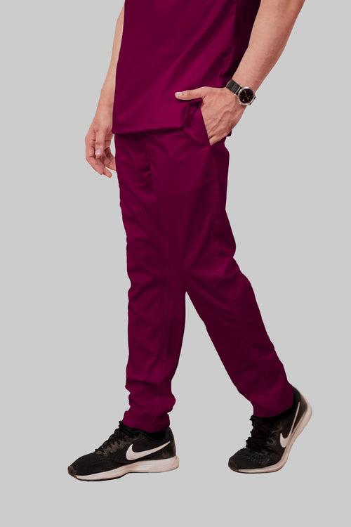Stretchable (2Way) Male Wine V-Neck With Straight Pant Scrub Set