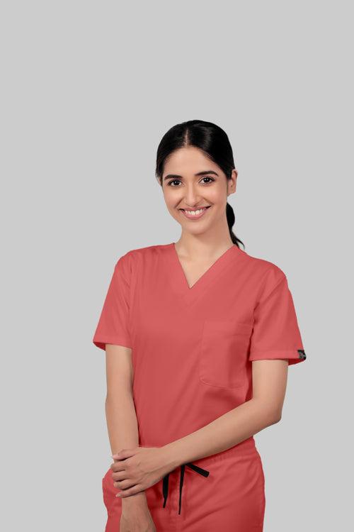 Stretchable (2Way) Female Peach V-Neck With Straight Pant Scrub Set