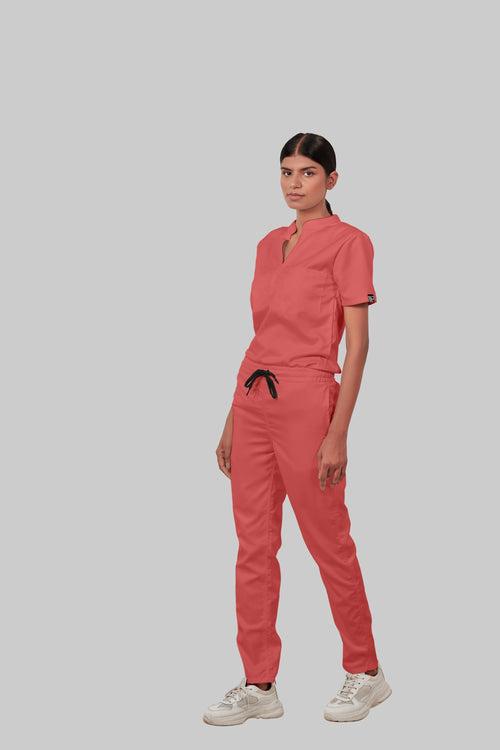 Stretchable (2Way) Female Peach Mandarin Neck With Straight Pant Scrub Set