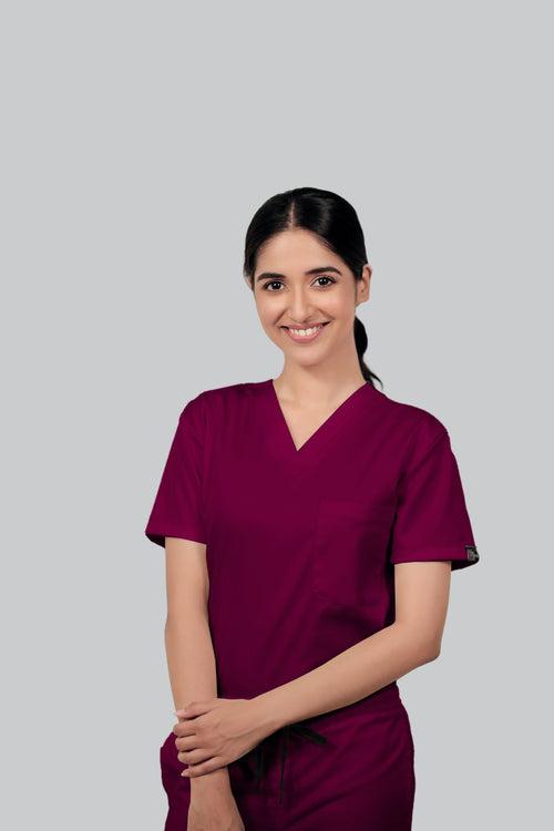 Stretchable (4Way) Female Wine V-Neck With Straight Pant Scrub Set