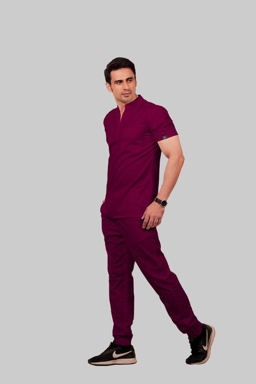 Stretchable (4Way) Male Wine Mandarin Neck With Straight Pant Scrub Set