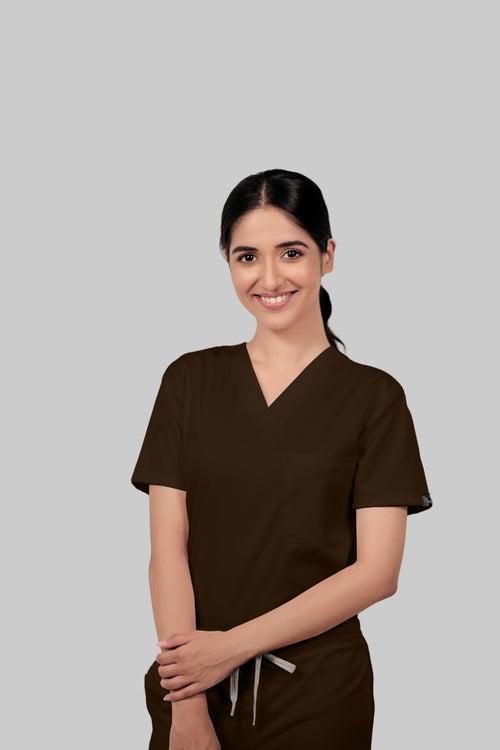 Stretchable (4Way) Female Brown V-Neck With Straight Pant Scrub Set