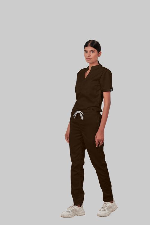 Stretchable (4Way) Female Brown Mandarin Neck With Straight Pant Scrub Set