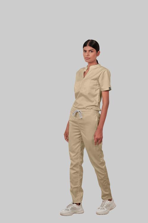 Stretchable (4Way) Female Beige Mandarin Neck With Straight Pant Scrub Set