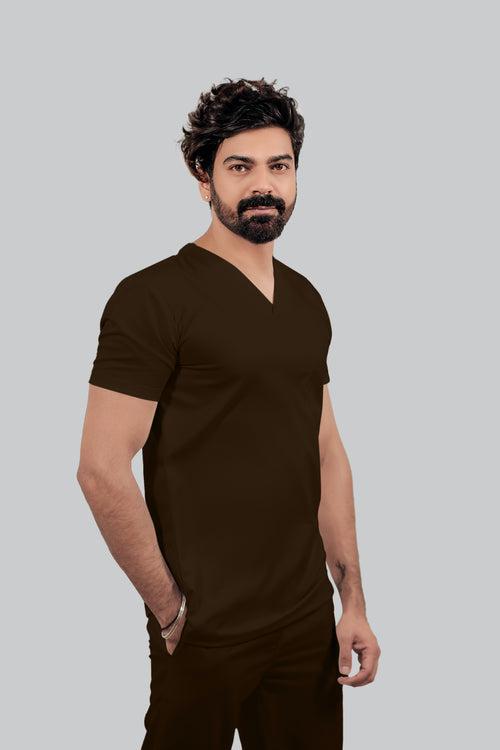 Stretchable (4Way) Male Brown V-Neck With Jogger Scrub Set