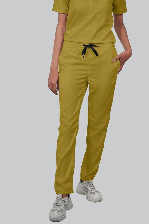 Stretchable (2Way) Female Mustard V-Neck With Straight Pant Scrub Set