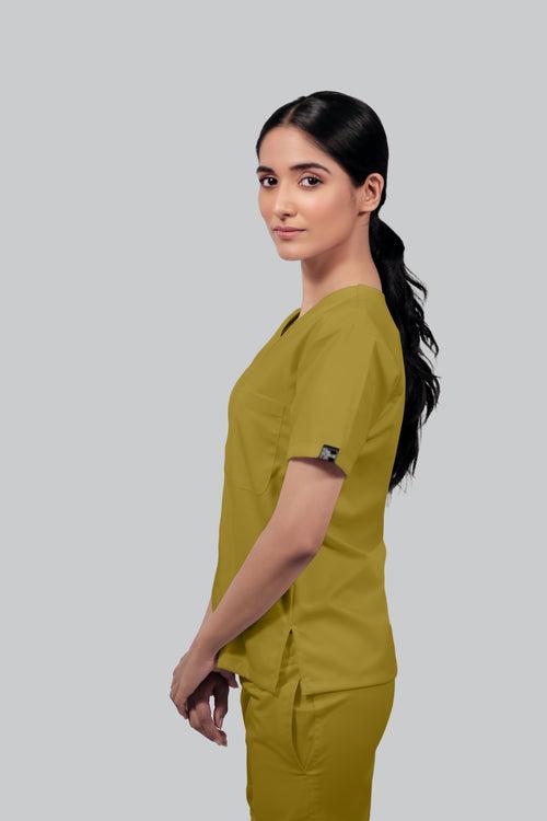 Stretchable (2Way) Female Mustard V-Neck With Straight Pant Scrub Set