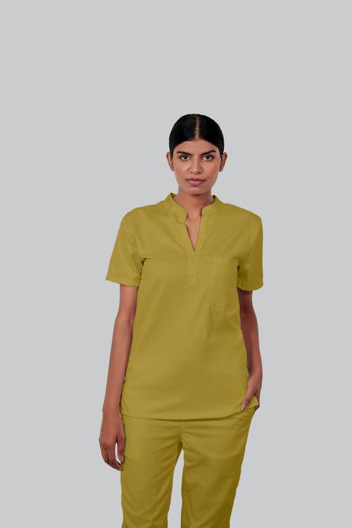 Stretchable (2Way) Female Mustard Mandarin Neck Scrub Top