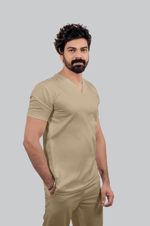 Stretchable (4Way) Male Beige V-Neck With Straight Pant Scrub Set