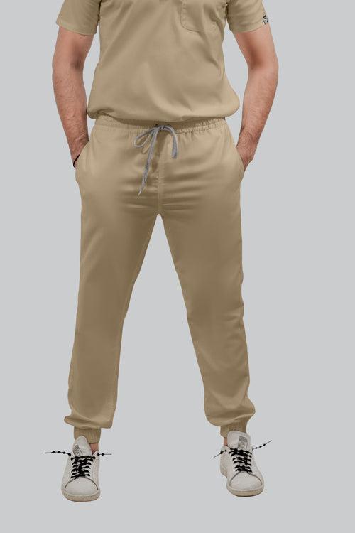 Stretchable (4Way) Male Beige V-Neck With Jogger Scrub Set