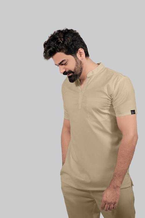 Stretchable (4Way) Male Beige Mandarin Neck with Straight Pant Scrub Set