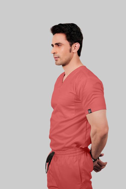 Stretchable (2Way) Male Peach V-Neck With Straight Pant Scrub Set