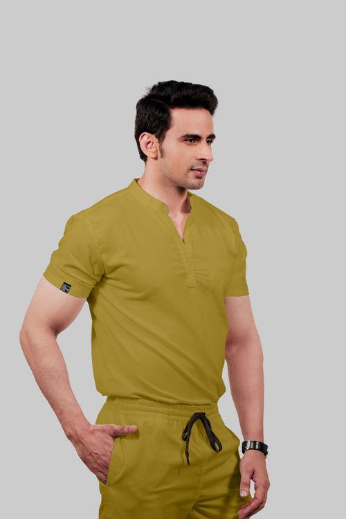 Stretchable (2Way) Male Mustard Mandarin Neck With Jogger Scrub Set