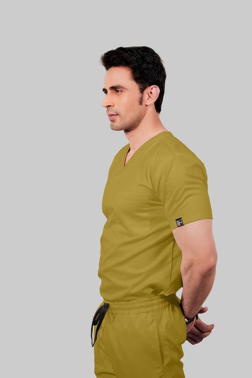 Stretchable (2Way) Male Mustard V-Neck With Straight Pant Scrub Set