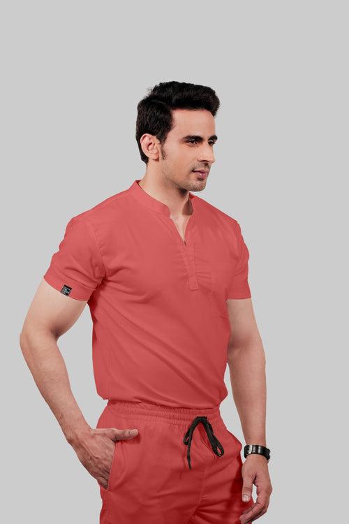 Stretchable (2Way) Male Peach Mandarin Neck With Straight Pant Scrub Set