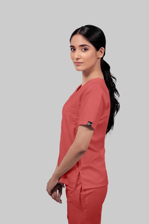 Stretchable (2Way) Female Peach V-Neck With Straight Pant Scrub Set