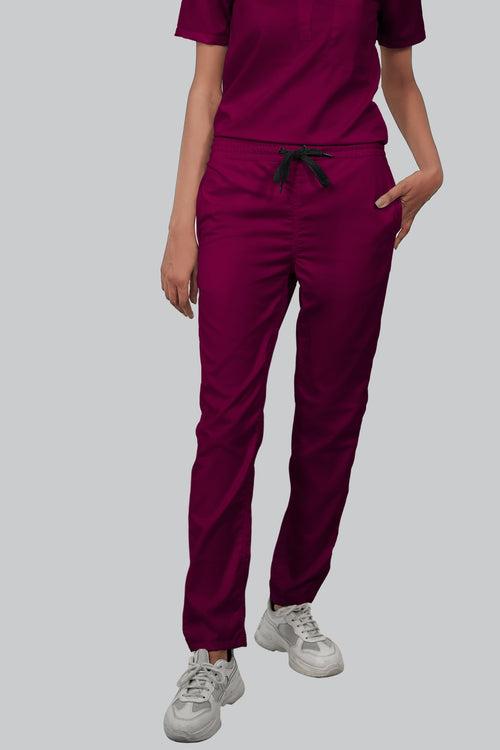 Stretchable (4Way) Female Wine V-Neck With Straight Pant Scrub Set