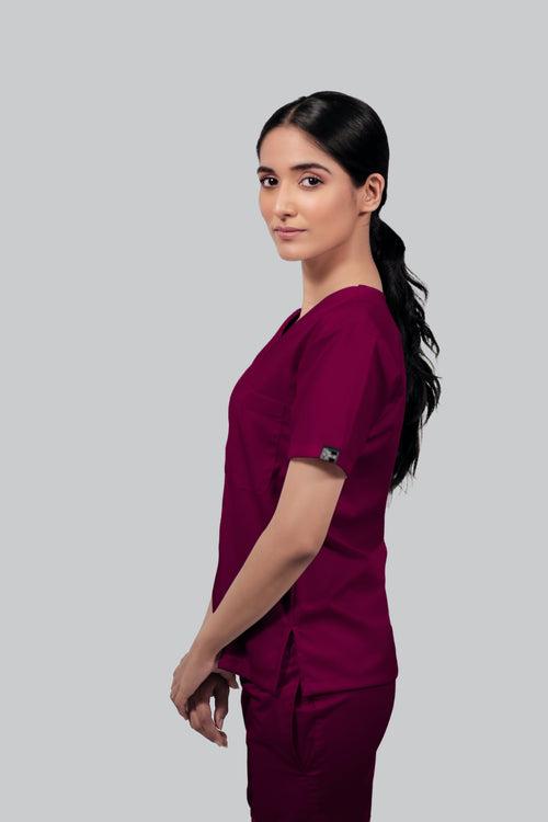 Stretchable (4Way) Female Wine V-Neck With Straight Pant Scrub Set