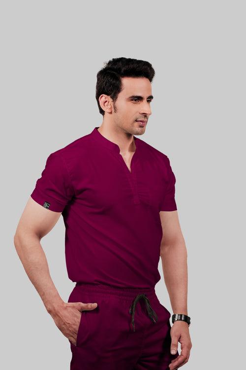 Stretchable (4Way) Male Wine Mandarin Neck With Straight Pant Scrub Set