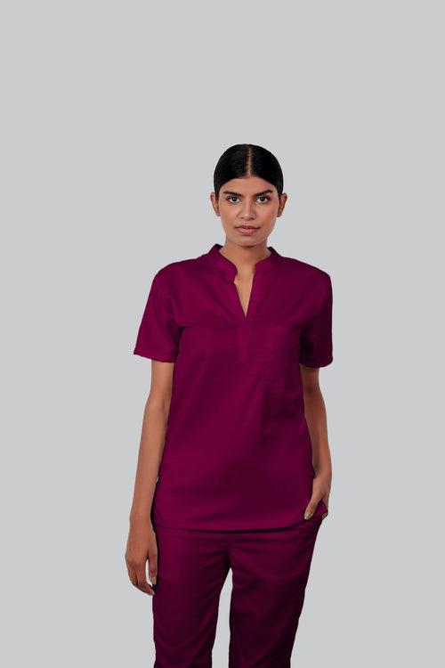 Stretchable (4Way) Female Wine Mandarin Neck With Straight Pant Scrub Set