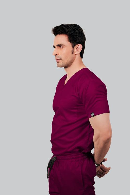 Stretchable (2Way) Male Wine V-Neck Scrub Top