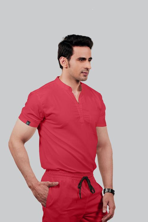 Stretchable (2Way) Male Coral Mandarin Neck With Straight Pant Scrub Set