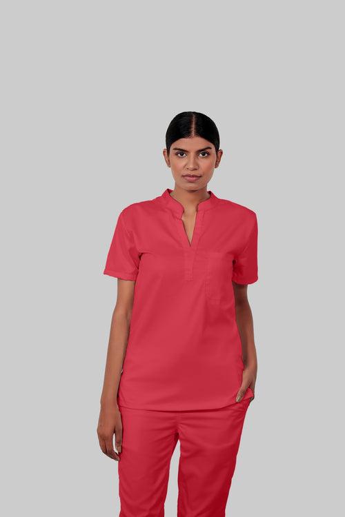 Stretchable (2Way) Female Coral Mandarin Neck With Straight Pant Scrub Set