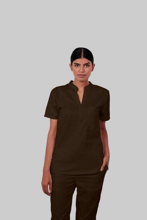 Stretchable (4Way) Female Brown Mandarin Neck With Jogger Scrub Set