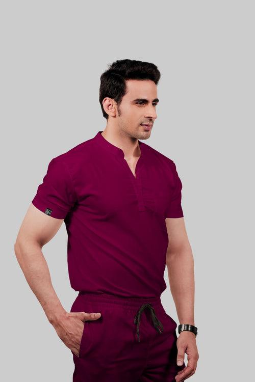 Stretchable (2Way) Male Wine Mandarin Neck With Jogger Scrub Set