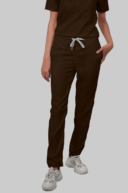Stretchable (4Way) Female Brown V-Neck With Straight Pant Scrub Set